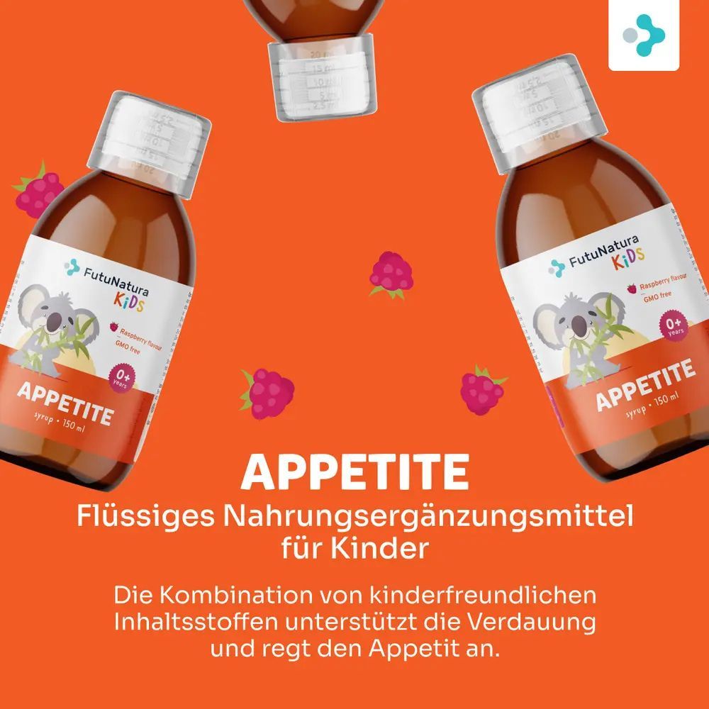 Trois flacons de FutuNatura KIDS Sirop Appétit, framboises sur fond orange. Texte : Appétit, complément alimentaire pour enfants.