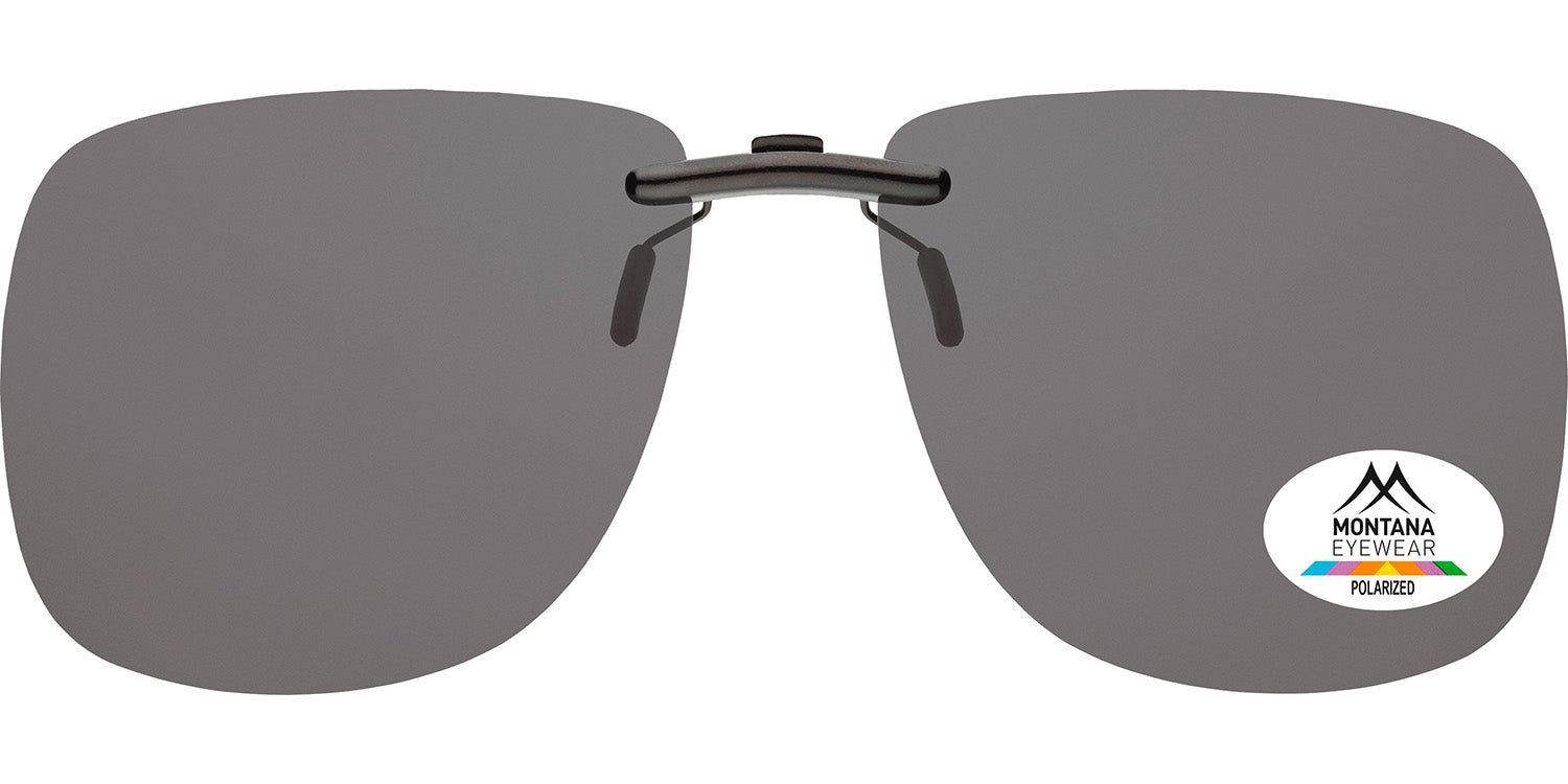 Clip solaire avec verres gris. Logo Montana Eyewear et autocollant Polarized. Monture noire.