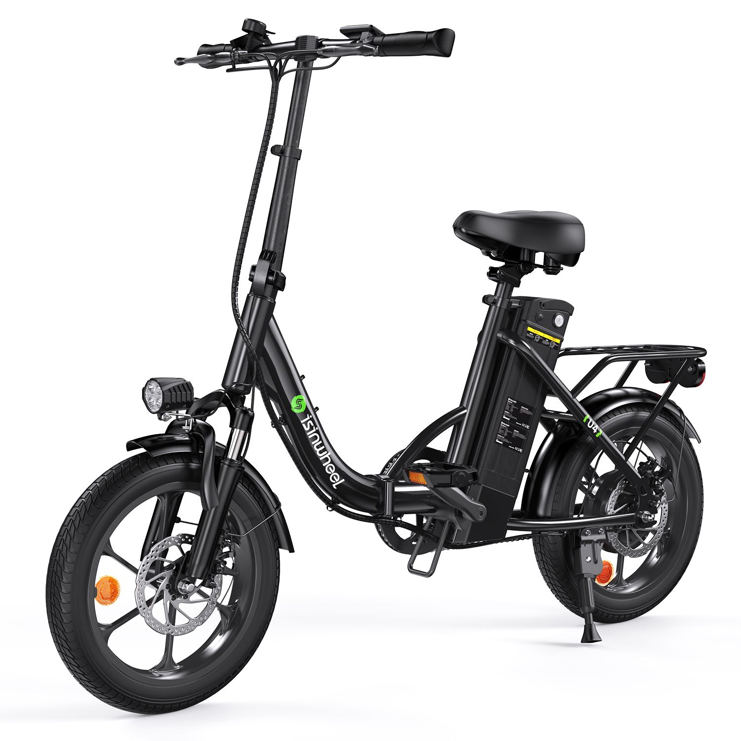 Zwarte e-bike met koplamp, bagagerek. Merk: isinwheel.