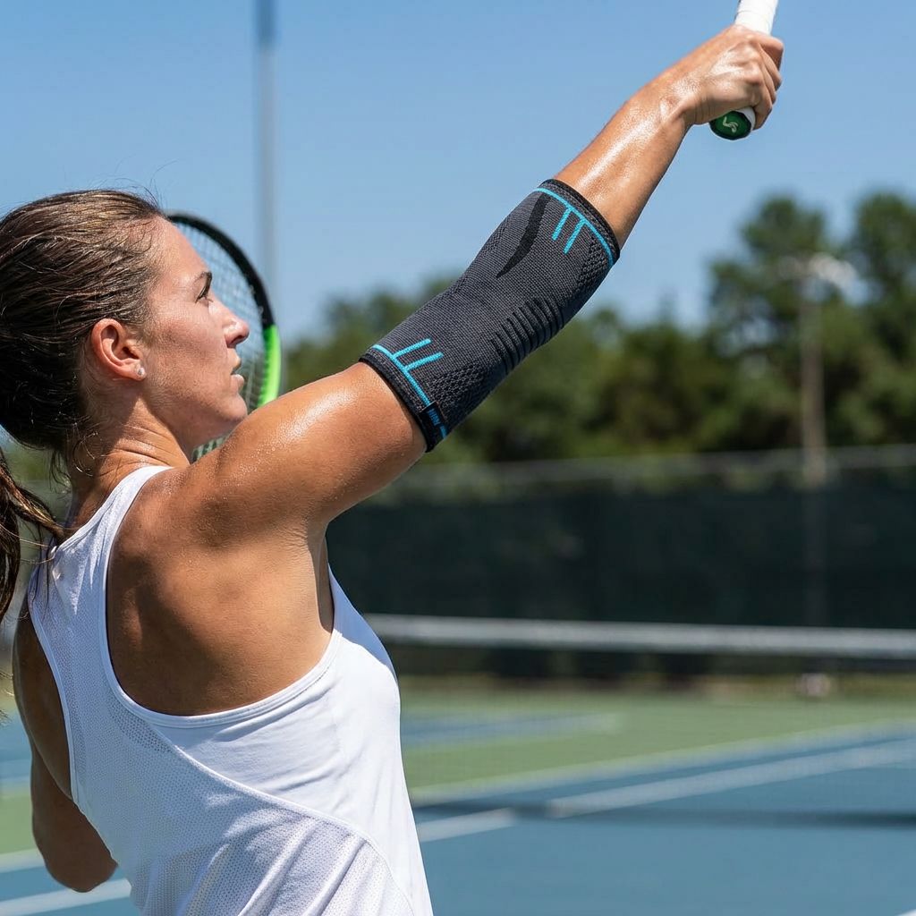 Femme jouant au tennis. Elle porte une bande de coude.