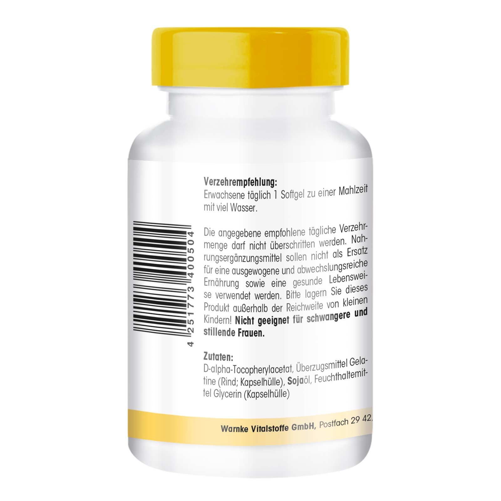 Dos d'un flacon blanc à bouchon jaune. Texte: Recommandations d'utilisation, ingrédients, Warnke Vitalstoffe GmbH. Code-barres.