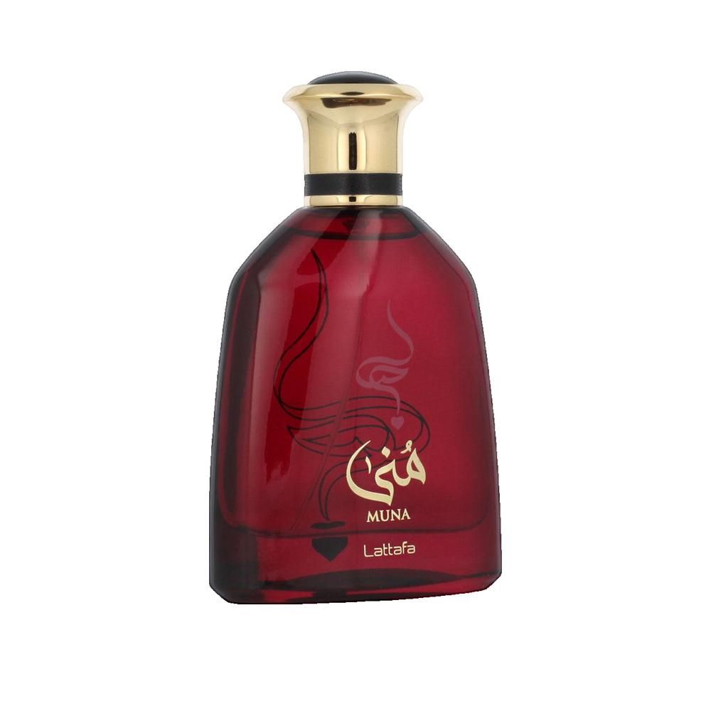 Rode glazen fles met gouden dop. Gouden opschriften "Muna" en "Lattafa". Arabische tekens.