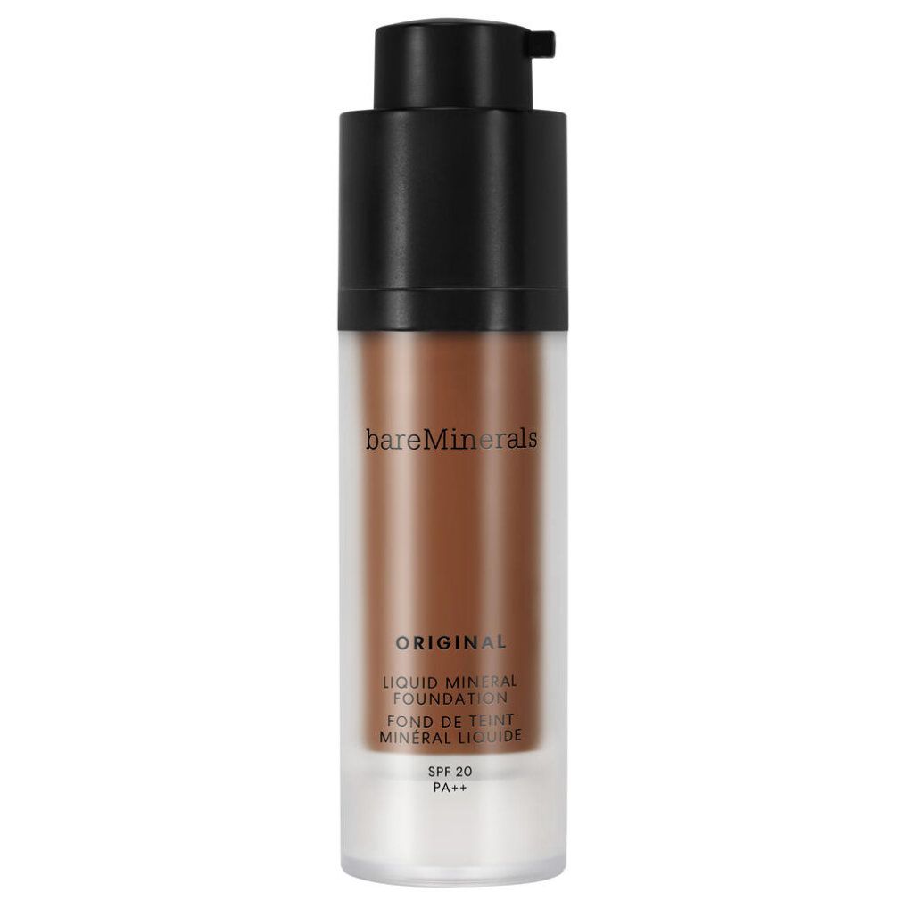 BareMinerals Original Fond de Teint Liquide SPF20, teinte brun foncé, avec pompe. Flacon transparent montrant la couleur du produit.