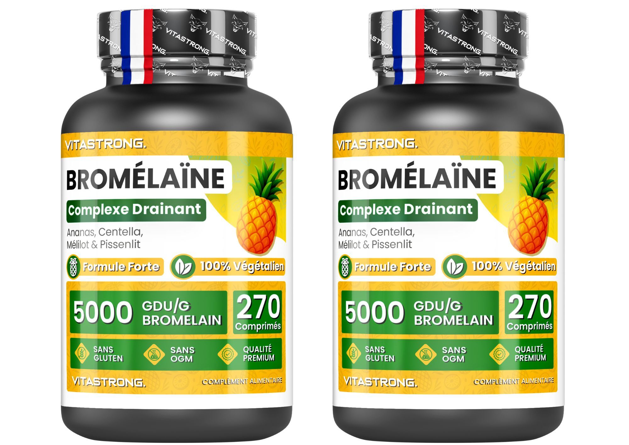 Deux flacons de complément alimentaire Bromélaïne avec un symbole d'ananas. Chaque flacon contient 270 gélules.