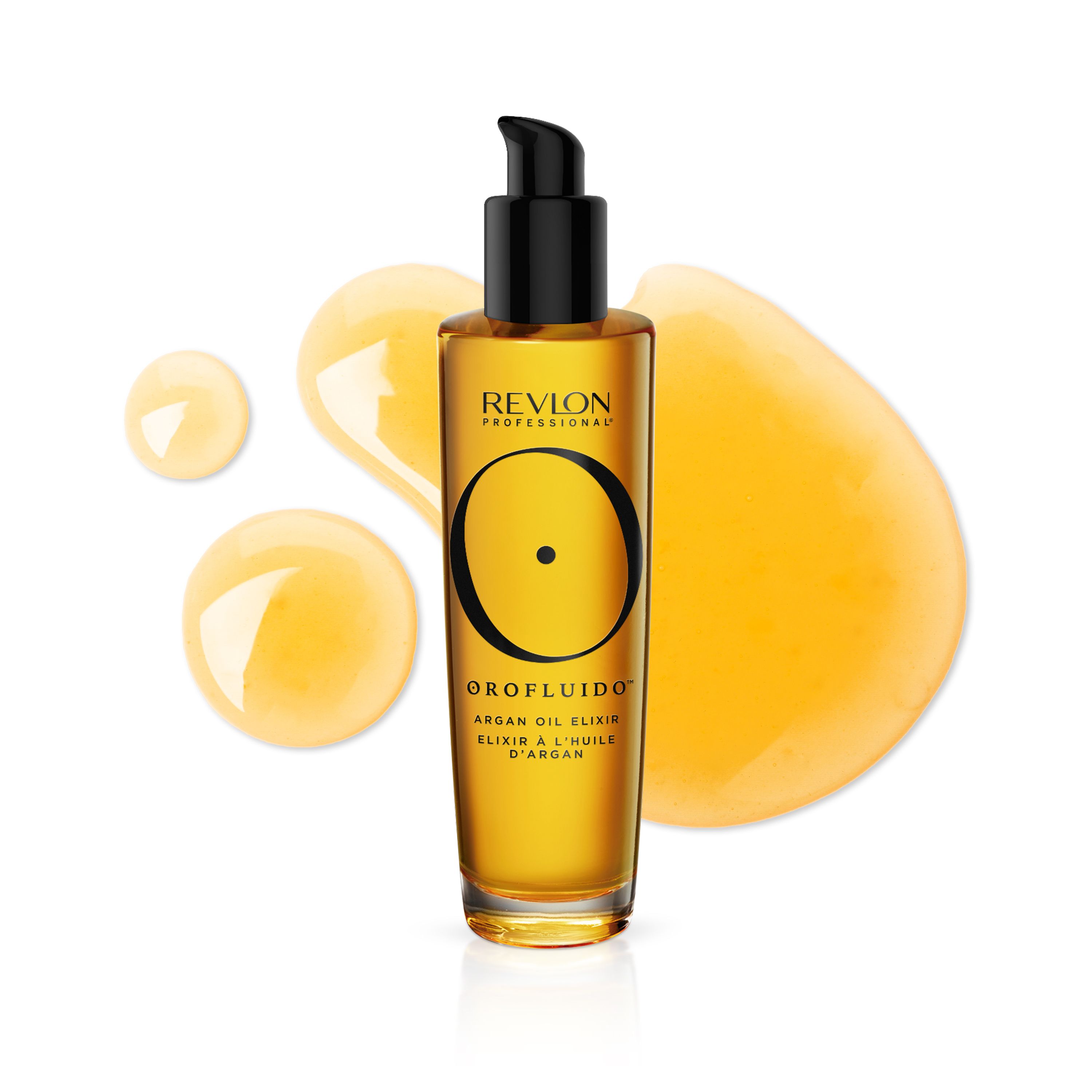 Elixir Revlon Orofluido dans une bouteille en verre avec pompe et huile dorée.
