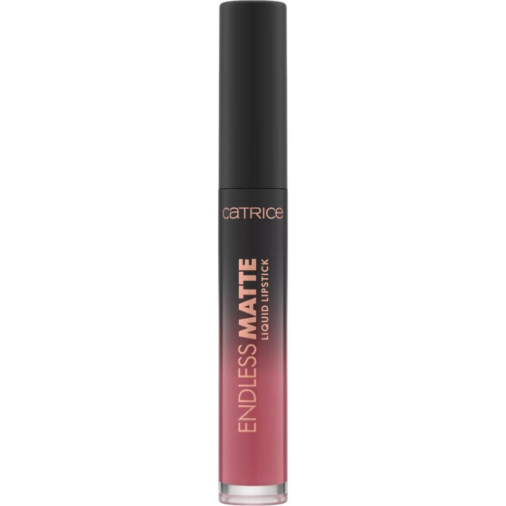 Rouge à lèvres liquide avec bouchon noir. Inscription: ENDLESS MATTE LIQUID LIPSTICK. Marque: CATRICE. Dégradé de rose à noir.