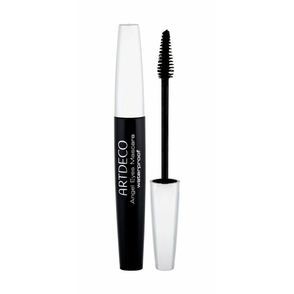 Tube de mascara noir avec capuchon blanc. La brosse est sortie. "ARTDECO Angel Eyes Mascara waterproof" est écrit sur le tube.