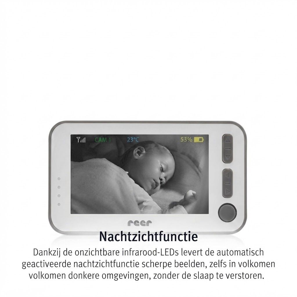 Babyfoon display toont slapende baby, temperatuur 23°C, batterij 53%. Merk: reer.