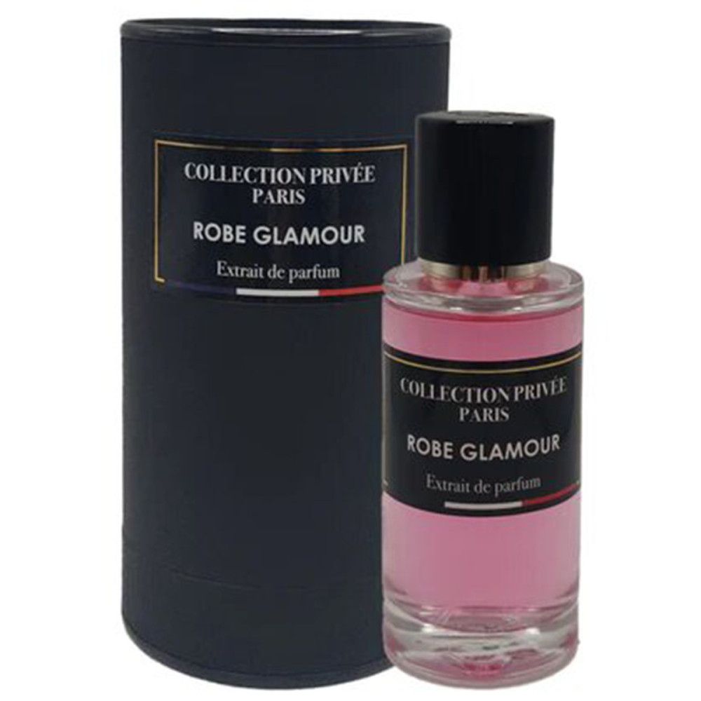 Extrait de parfum Glamour-Kleid, liquide rose en flacon de verre avec bouchon noir. Emballage cylindrique noir avec étiquette.