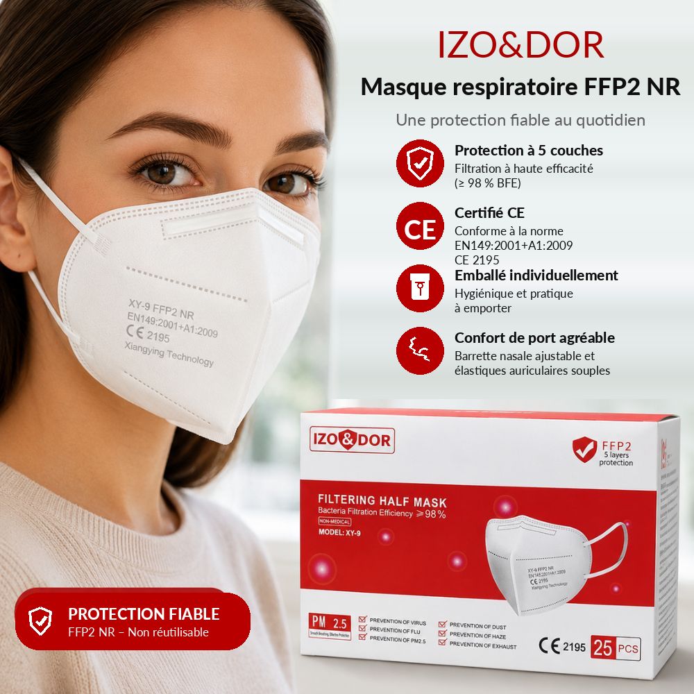 Emballage d'un masque FFP2 blanc pour 25 pièces, certifié CE, 5 couches, efficacité de filtration >98%.