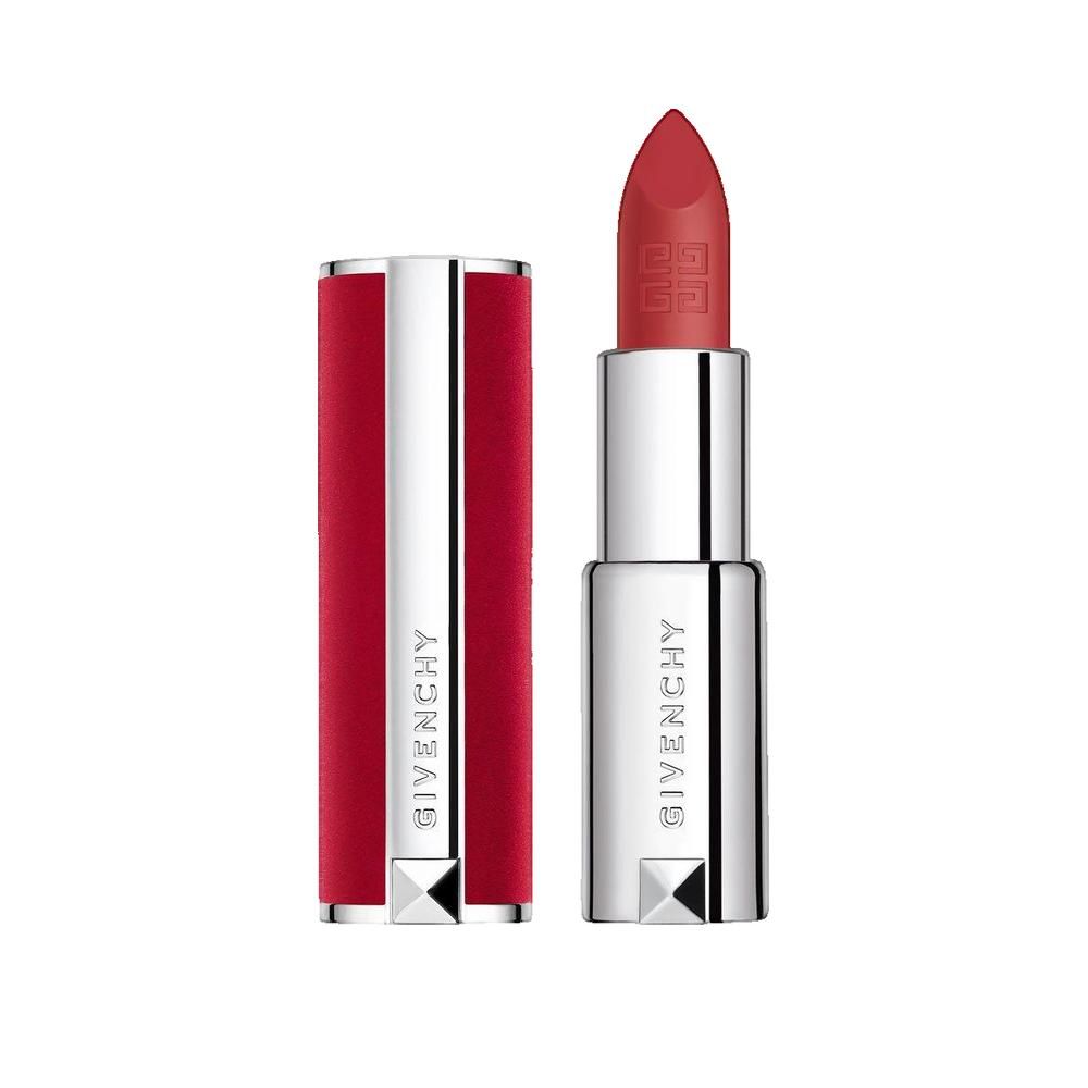 Rouge à lèvres rouge ouvert. Étui argenté, velours rouge. Marque : Givenchy.