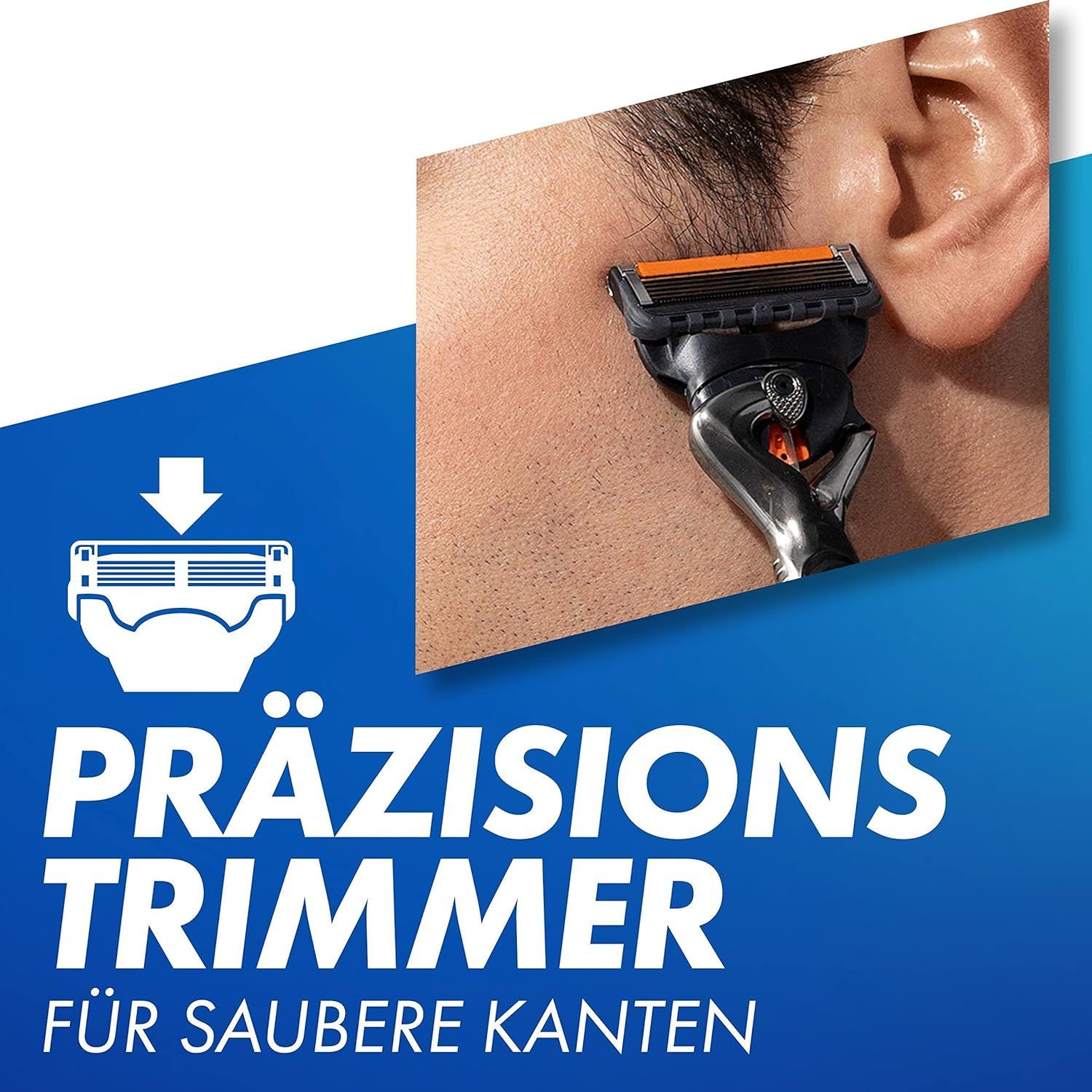 Close-up van een Gillette ProGlide scheermes. Precisietrimmer voor strakke randen. Pijl wijst naar de scheerkop.