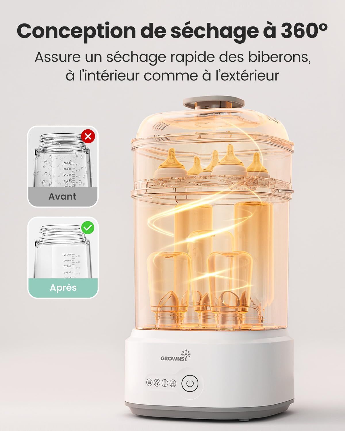 Un stérilisateur et sèche-biberons blanc avec un corps transparent, contenant plusieurs biberons et tétines. Le panneau de commande affiche des icônes et un bouton d'alimentation.