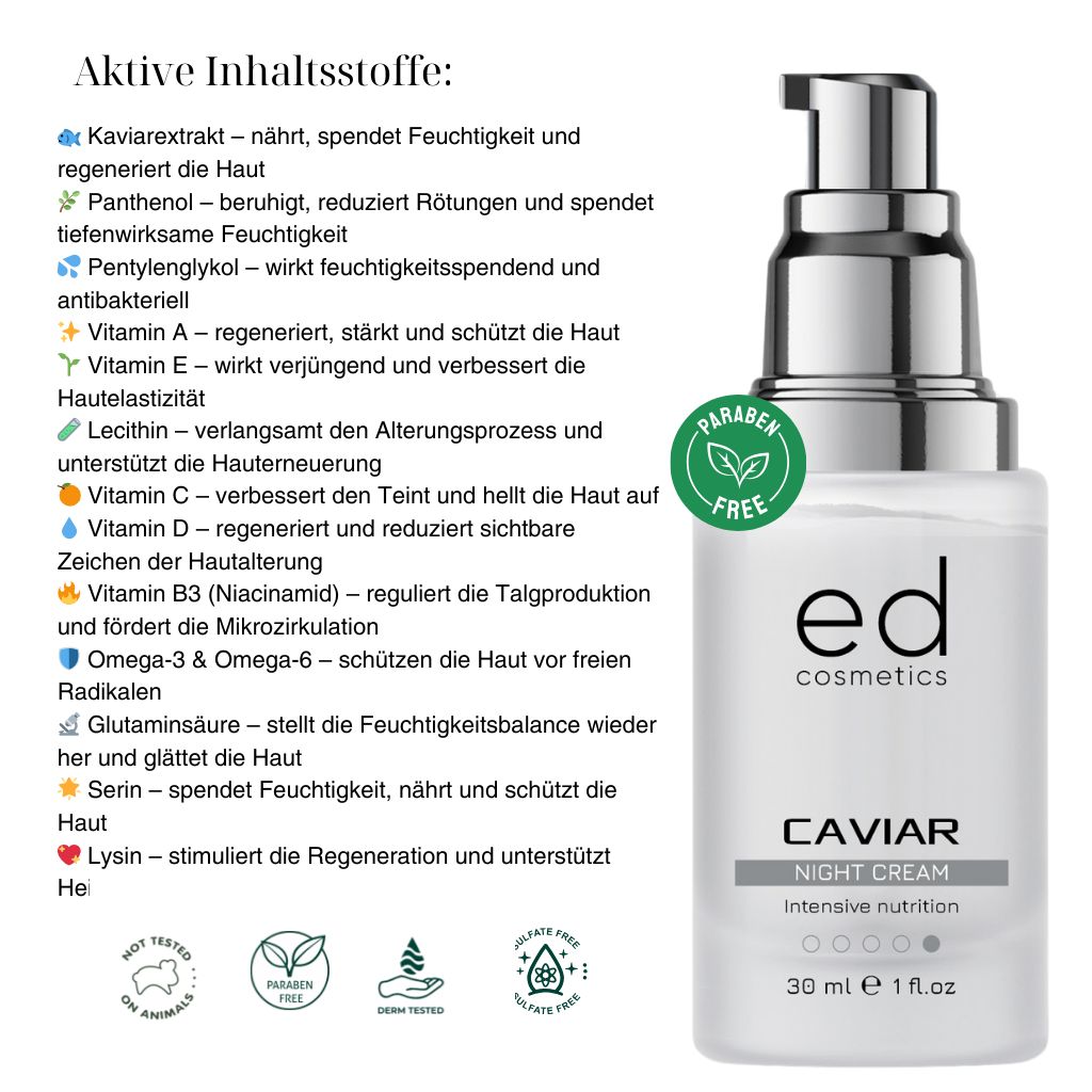 Flacon de crème avec pompe argentée. Texte: ED cosmetics, Caviar Night Cream, 30 ml, 1 fl.oz. Ingrédients supplémentaires.