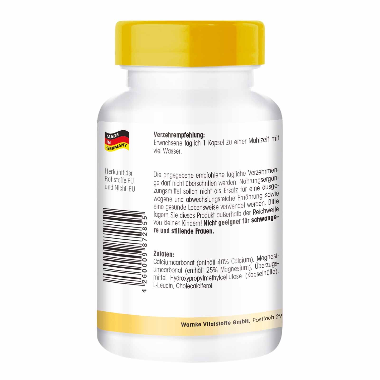 Achterkant van de witte fles met gele dop. Tekst: Aanbevelingen, ingrediënten, Warnke Vitalstoffe GmbH. Made in Germany.