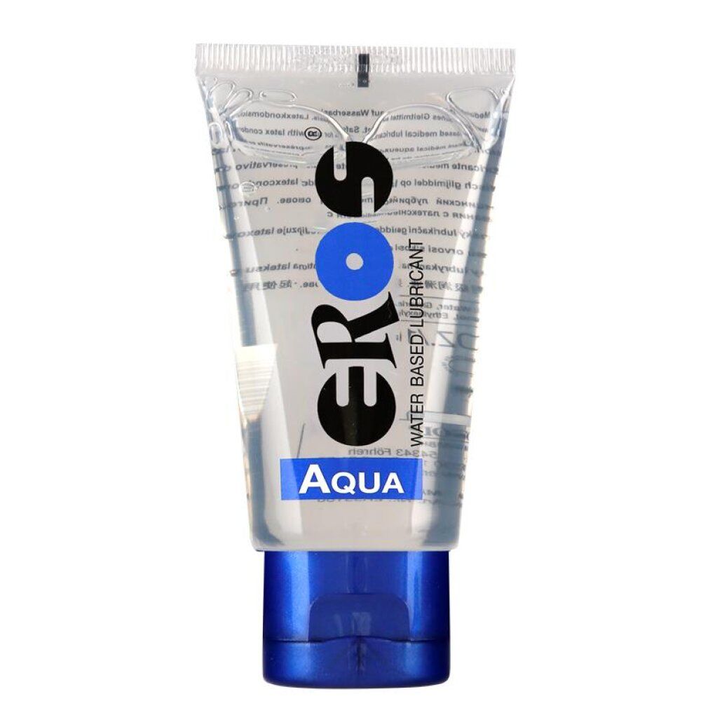 EROS Aqua glijmiddel in transparante tube met blauwe dop.