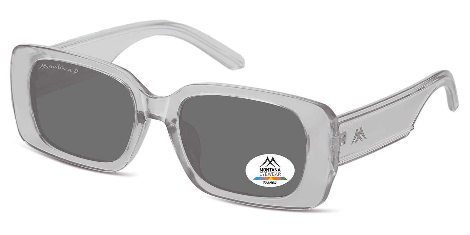 Lunettes de soleil avec verres gris et monture transparente. Logo Montana Eyewear sur la branche et le verre. Verres polarisés.