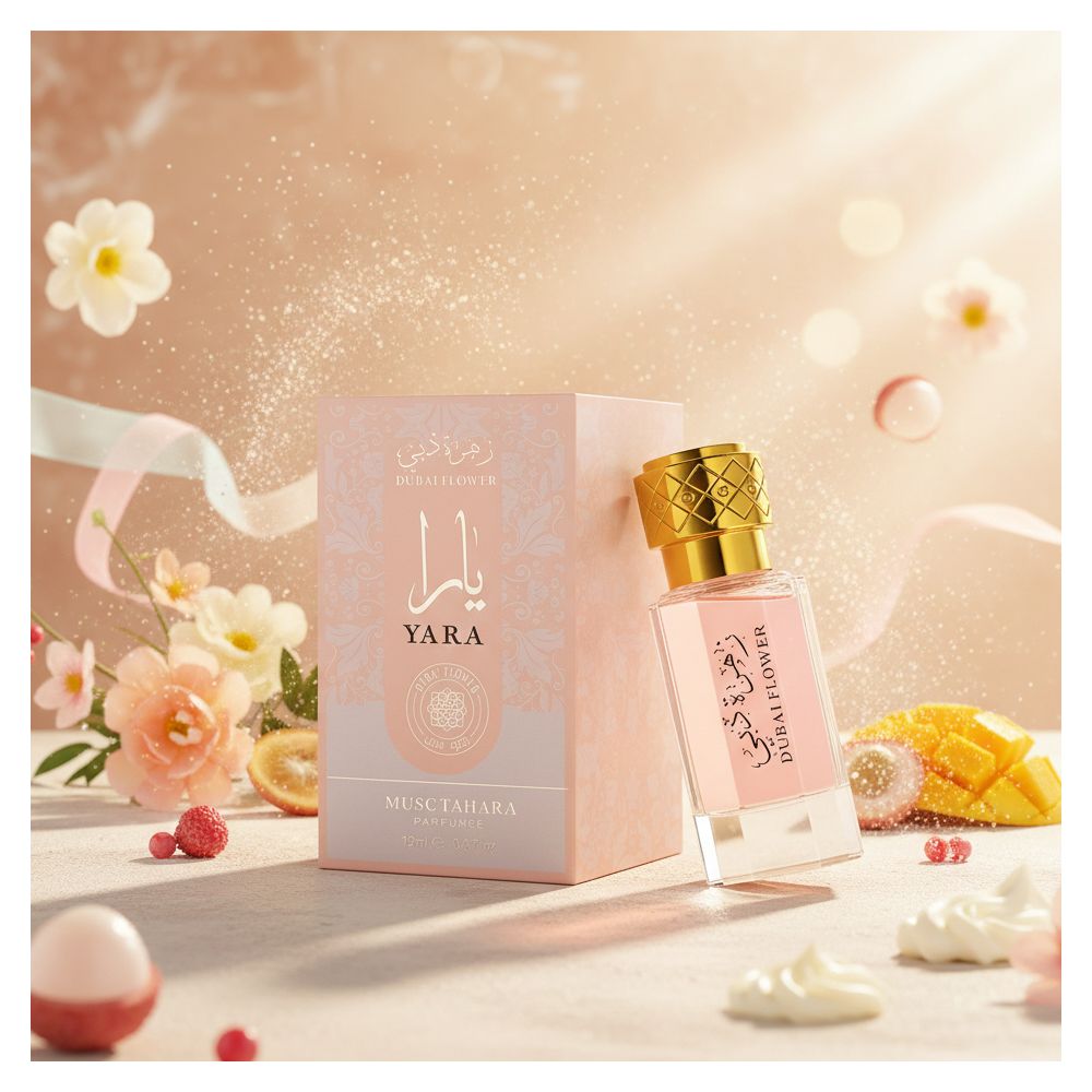 Flacon et boîte roses. Bouchon doré. Inscription arabe. Dubai Flower, Yara. Fleurs et fruits en arrière-plan.