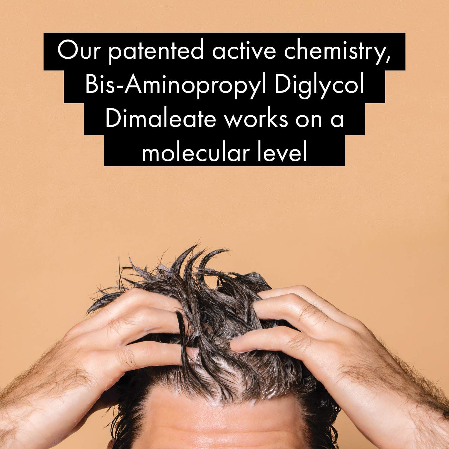 Personne aux cheveux mouillés. Texte : « Our patented active chemistry, Bis-Aminopropyl Diglycol Dimaleate ».