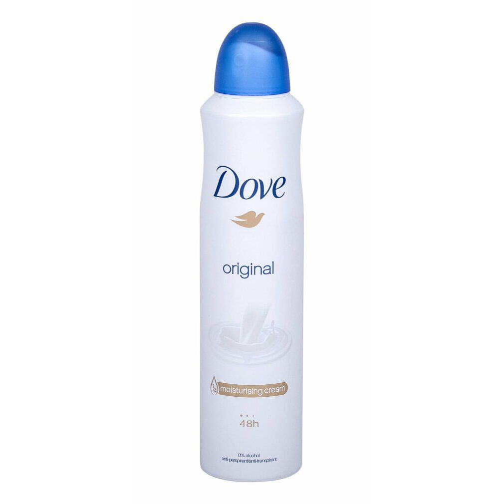 Dove Original Deodorant Spray. Witte spray met blauwe dop. Dove-logo en 'Original' zichtbaar. Tekst 'moisturising cream'.