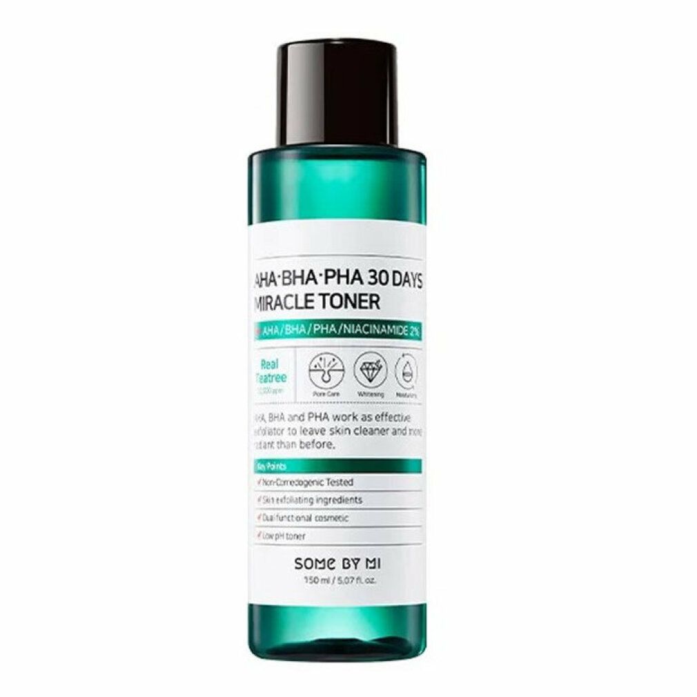 Groene fles met zwarte dop. Opschrift: AHA-BHA-PHA 30 DAYS MIRACLE TONER. Enkele symbolen en tekst.