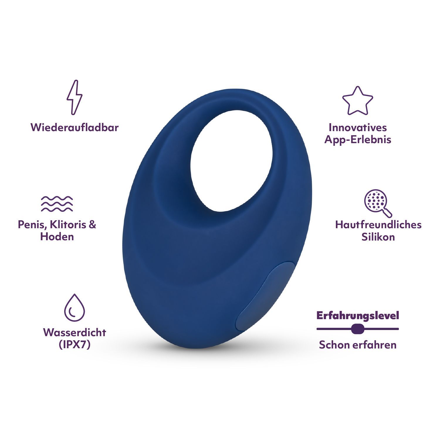 Anneau bleu ovale. Textes: Rechargeable, expérience App, silicone, étanche, niveau d'expérience.