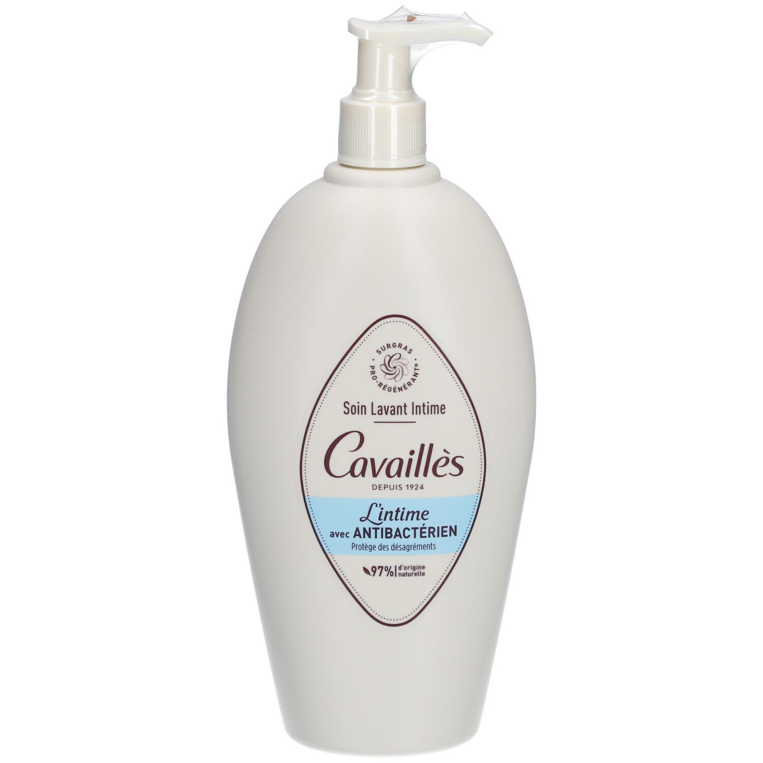 Witte fles met pomp. Opschrift: Rogé Cavaillès, intieme waslotion met antibacterieel. Logo 97% ingrediënten van natuurlijke oorsprong.