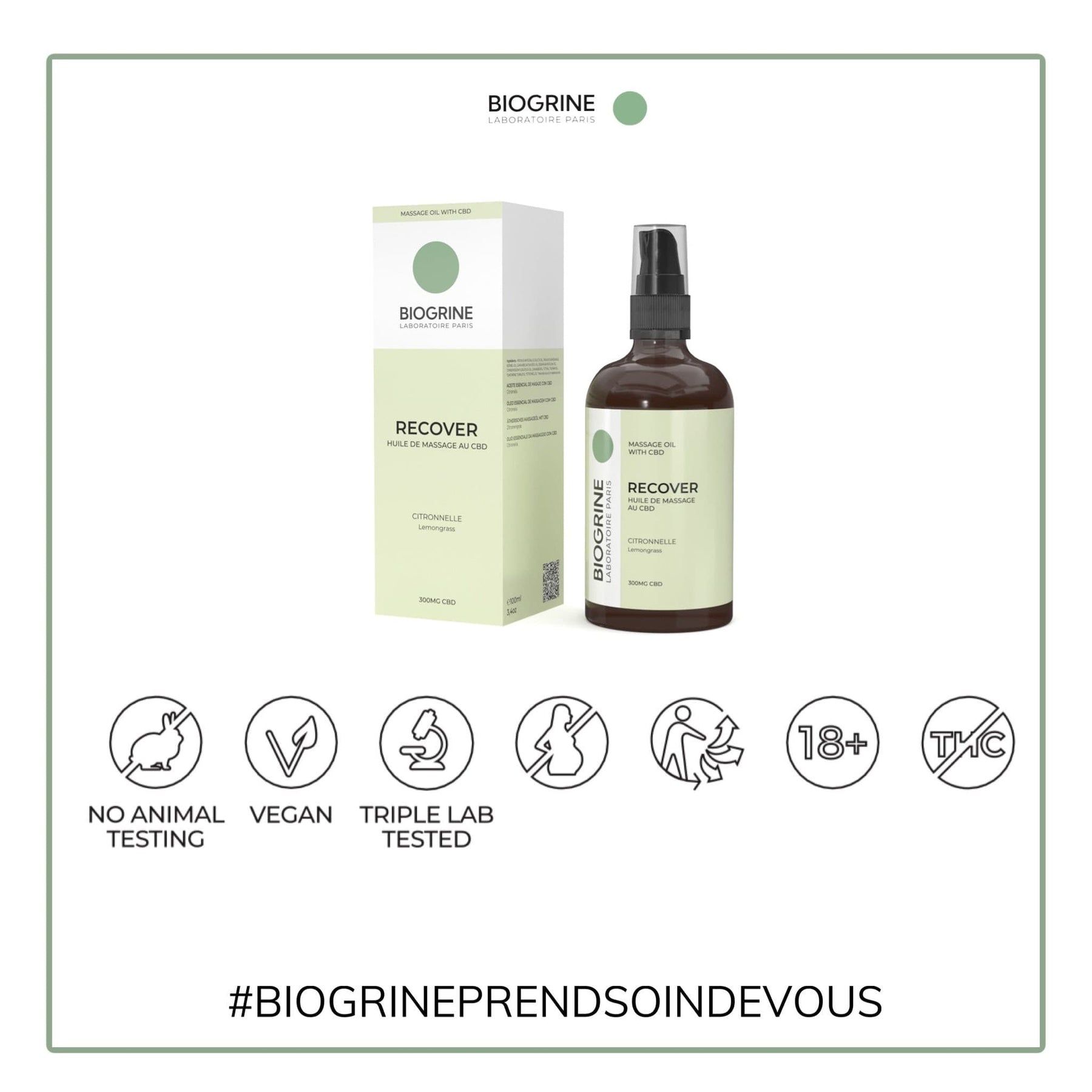 BIOGRINE "RECOVER" CBD-massageolie met citroengras