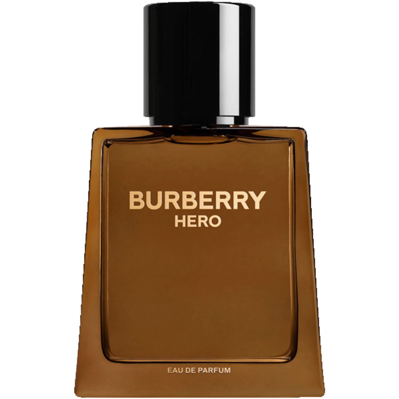 Flacon de parfum Burberry Hero. Bouteille marron avec bouchon noir, texte doré. Sur fond blanc.