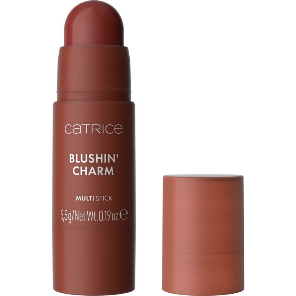 Stick de blush Catrice. Stick brun avec bouchon amovible. Inscription: Blushin' Charm Multi Stick. 5,5g/Net Wt. 0.19 oz.e