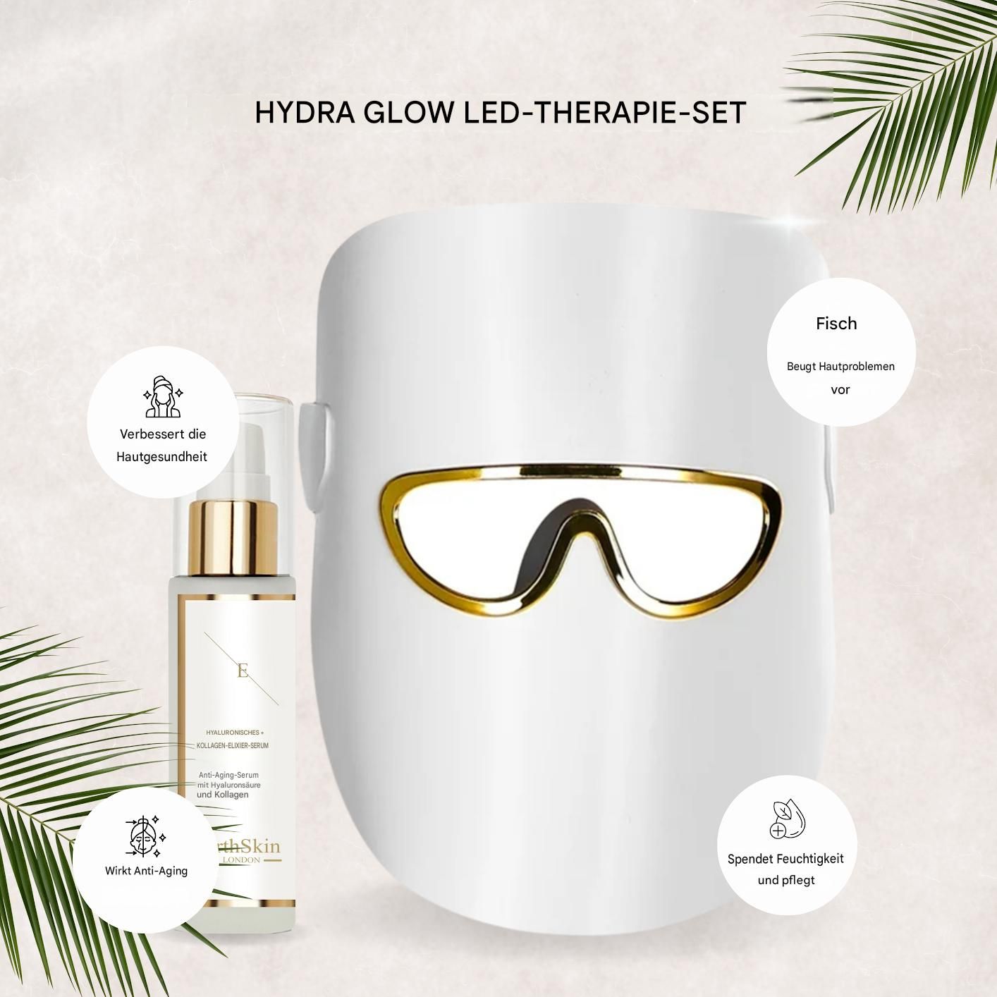 Ensemble Erth Skin London Hydra Glow LED Therapy : masque blanc à détails dorés, flacon de sérum, superpositions de texte.