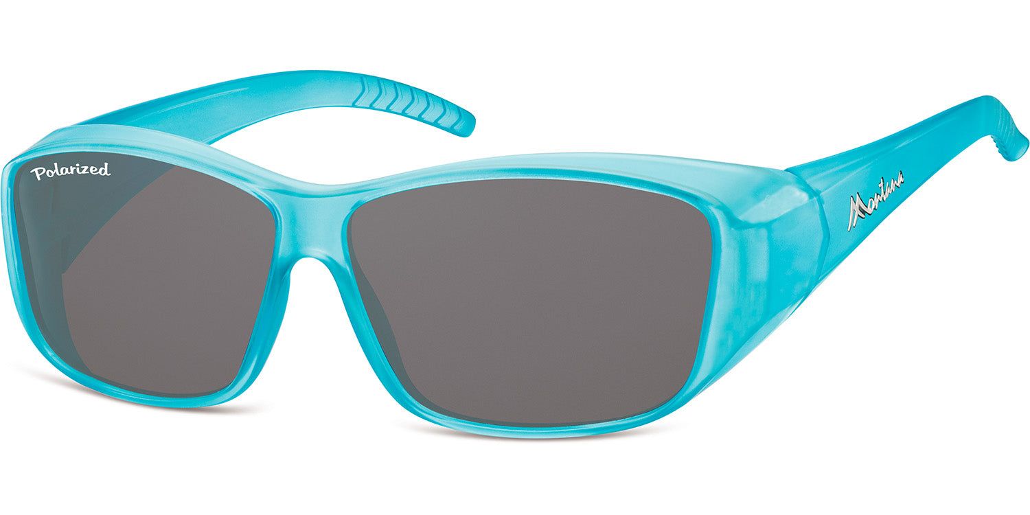 Lunettes de soleil bleues avec verres gris. 'Polarized' sur la lentille gauche. 'Montana' sur la branche.