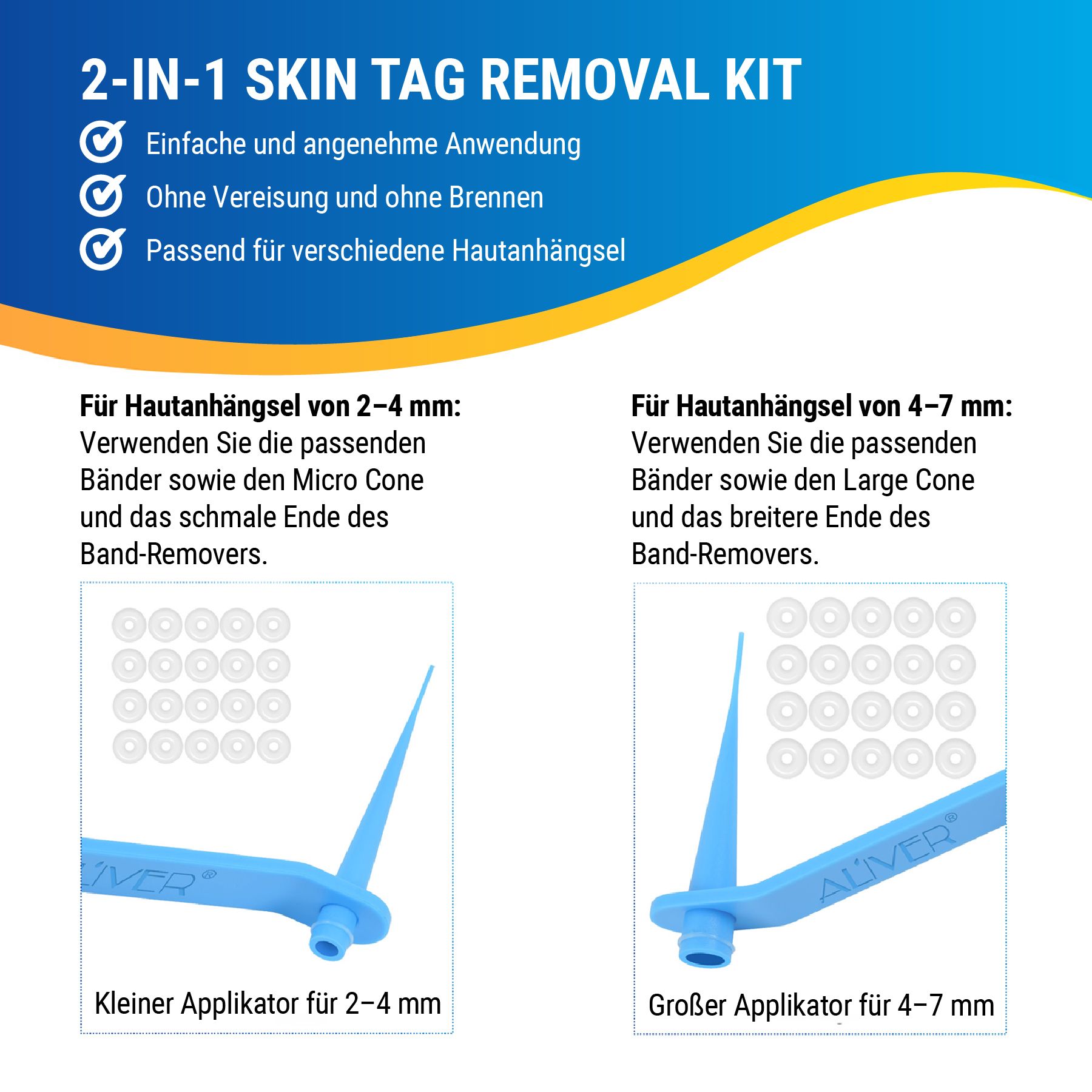 Image du produit avec deux applicateurs et des bandes. Convient aux étiquettes de peau de 2-4 mm et 4-7 mm. Applicateurs bleus.