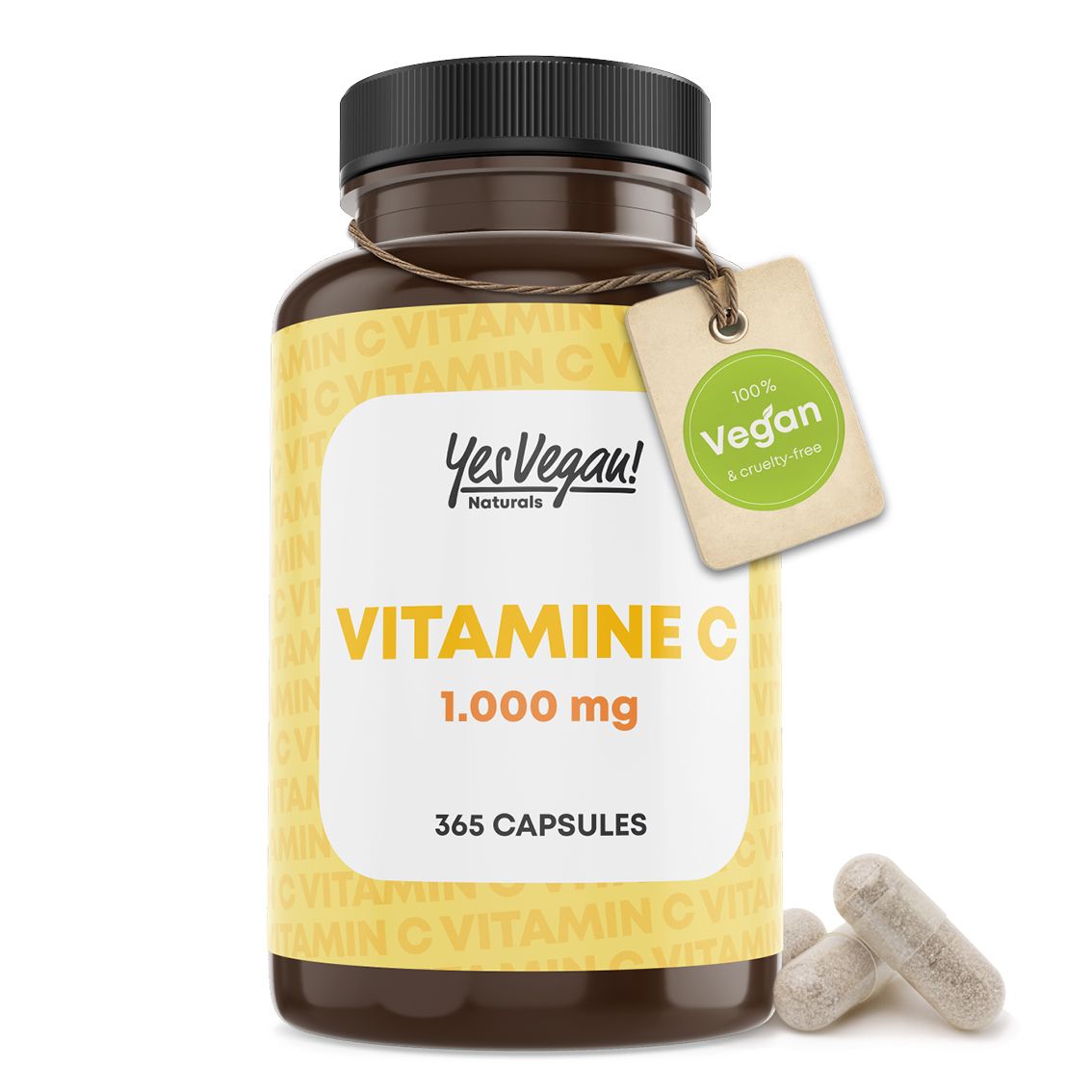 Fles met 365 vegane vitamine C capsules, 1000 mg. Jaarvoorraad.