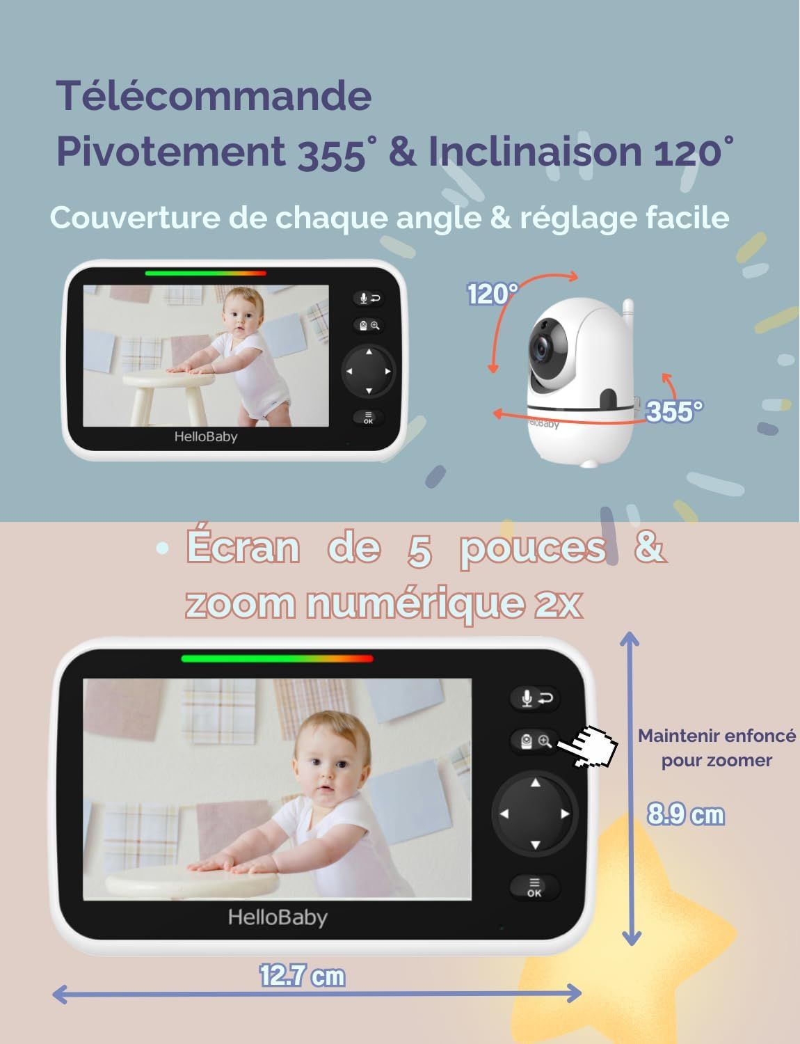 Babyphone avec écran 5 pouces (12,7 cm) et caméra pivotante (355°/120°). Fonction zoom numérique.
