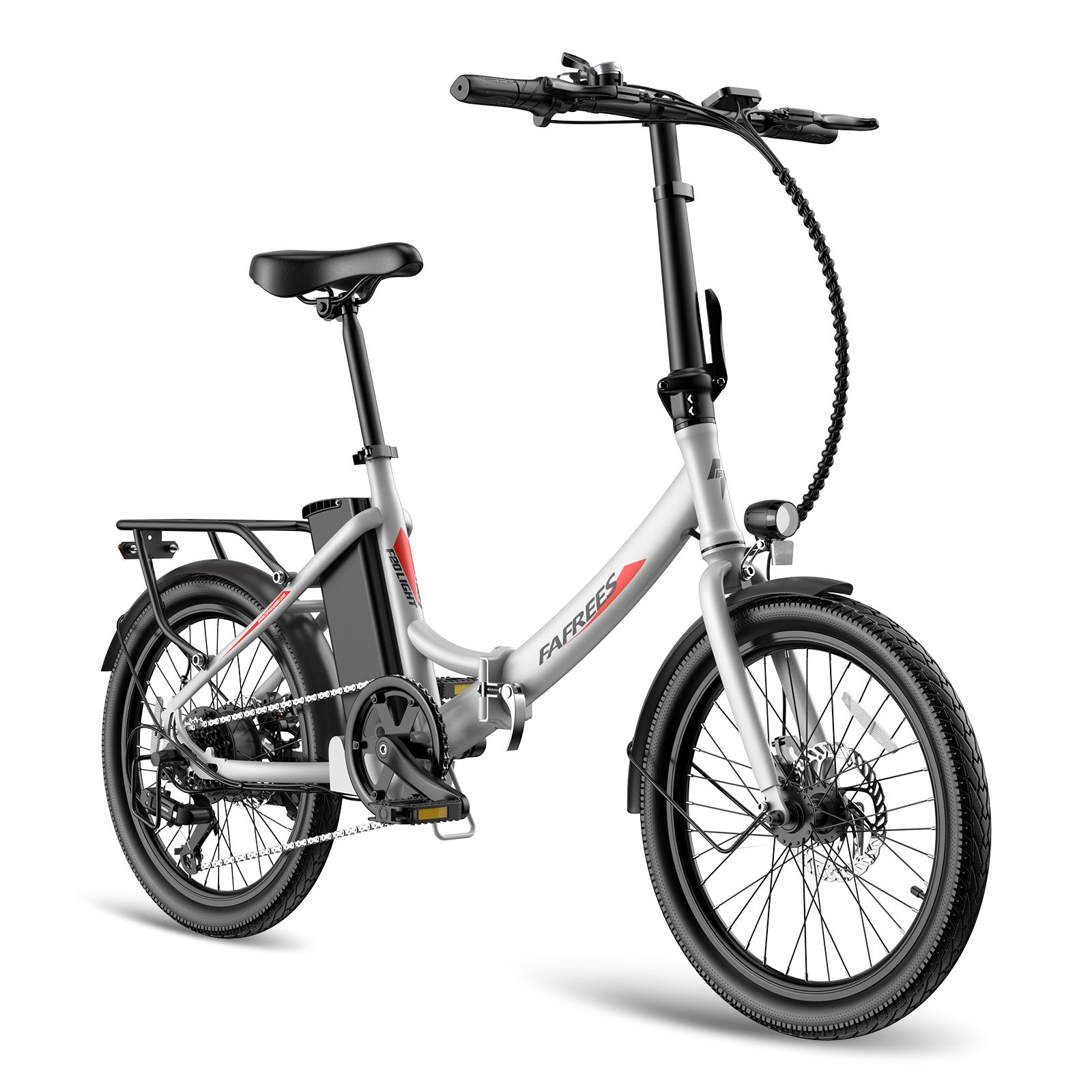 Vélo électrique Fafrees F20Light argenté. Selle, pneus et porte-bagages noirs. Batterie sur le cadre.