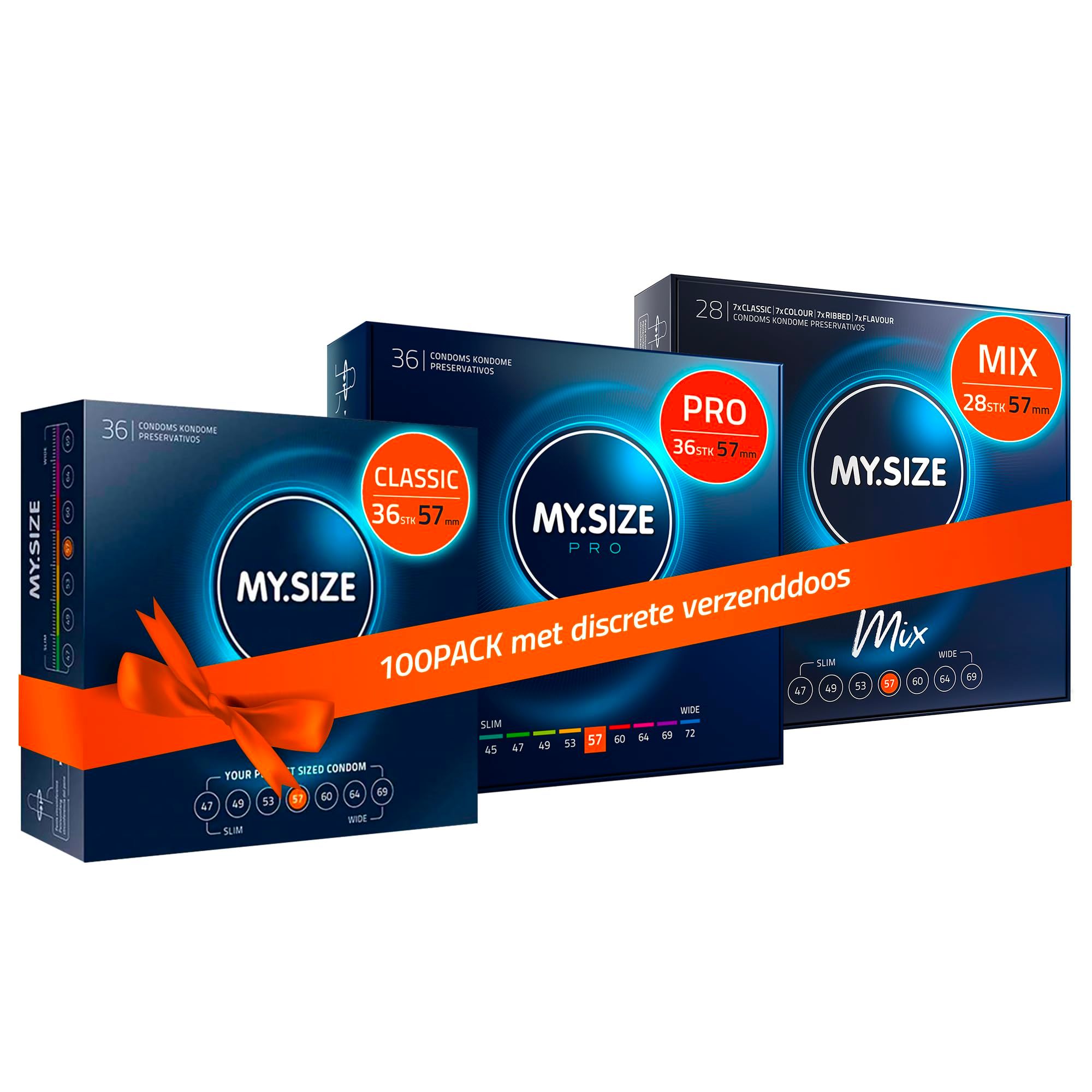Drie pakken MY.SIZE condooms: Classic, Pro en Mix. De pakken tonen maatindicaties en zijn versierd met een oranje lint.