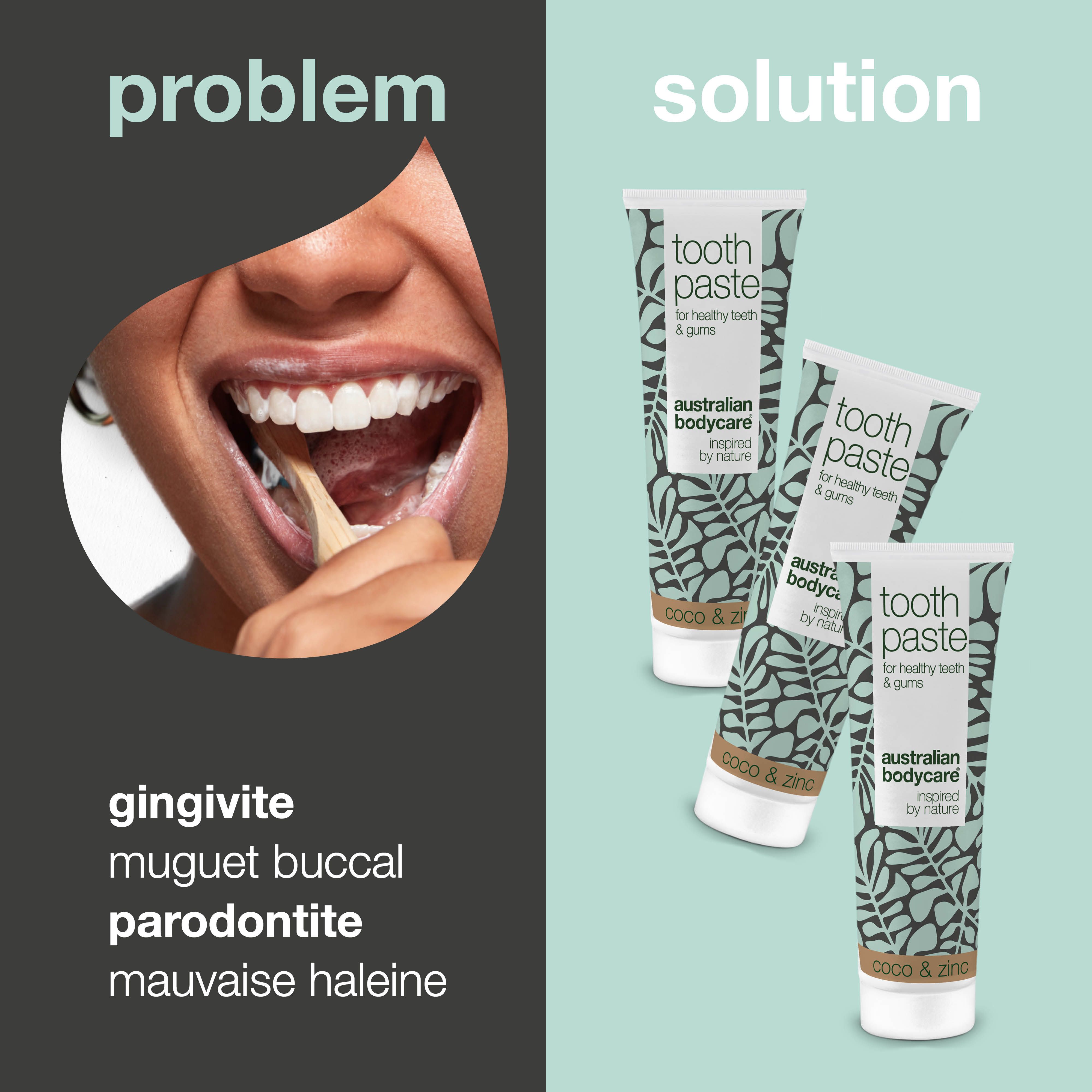 Concept problème-solution. Femme se brossant les dents. À côté, trois tubes de dentifrice. Inscription : Australian Bodycare.