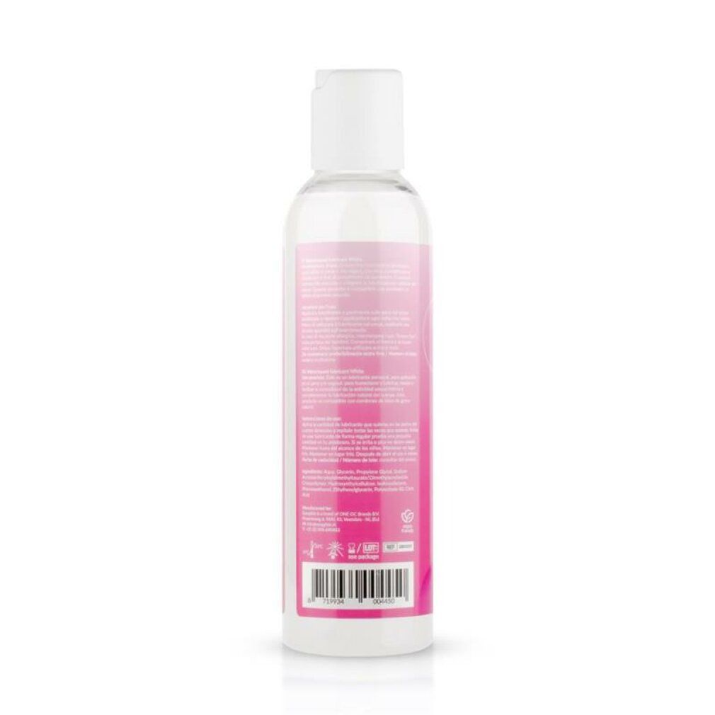 Transparante fles met witte dop. Roze etiket met "easyglide", "WHITE LUBRICANT" en 150ml. Schuine weergave.