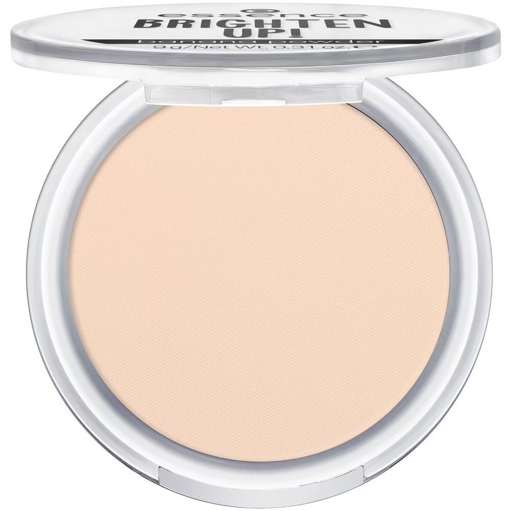 Boîtier rond transparent avec poudre claire, couvercle ouvert. Inscription noire : Brighten Up! Marque : essence.