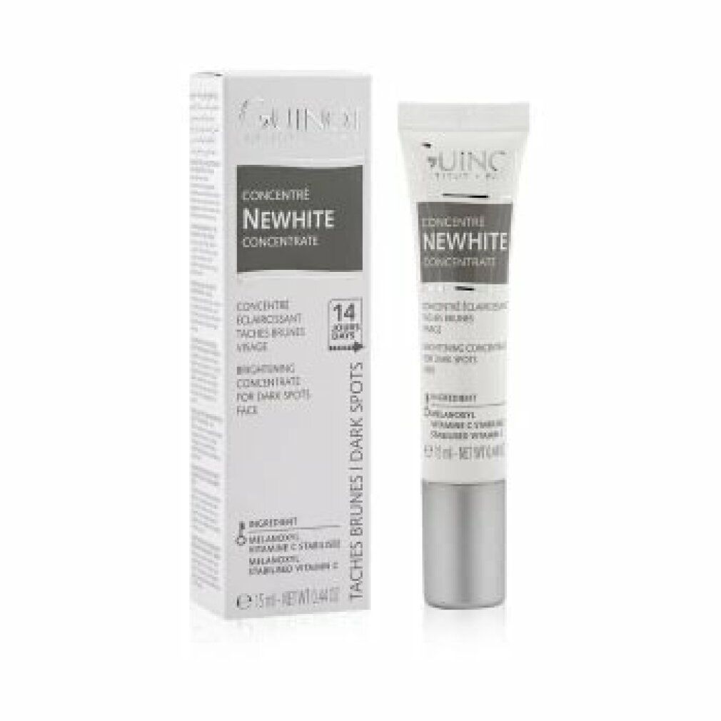 Tube et boîte Guinot Newhite Concentre. Tube et boîte blancs. Texte: Newhite, Concentre, 15ml.