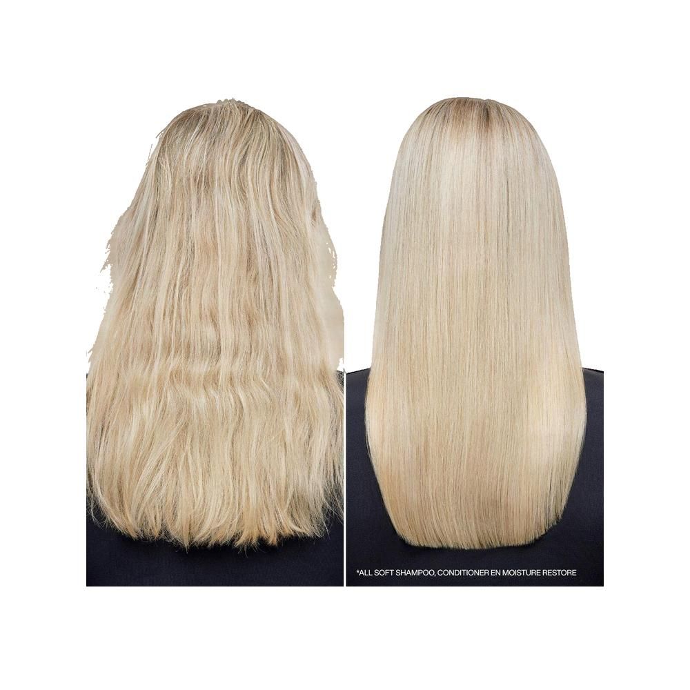 Comparaison de cheveux blonds avant et après traitement. Cheveux lisses et brillants.