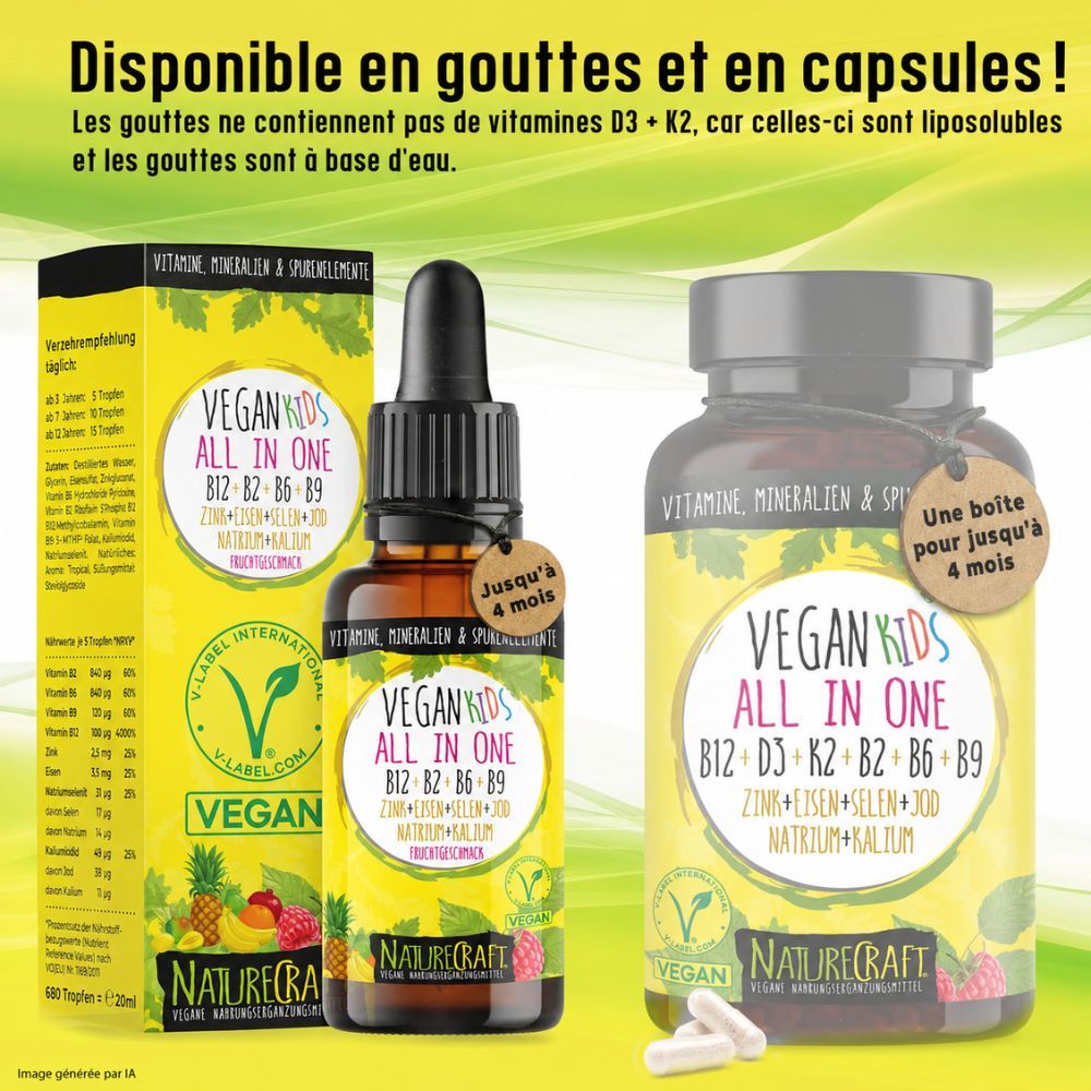 Gouttes et capsules NatureCraft Vegan Kids All-in-One, avec emballage.