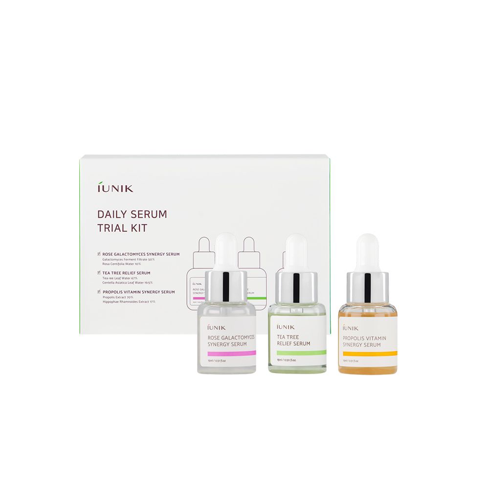 Kit d'essai IUNIK Daily Serum avec trois petites bouteilles de sérum : Rose Galactomyces, Tea Tree et Propolis Vitamine.