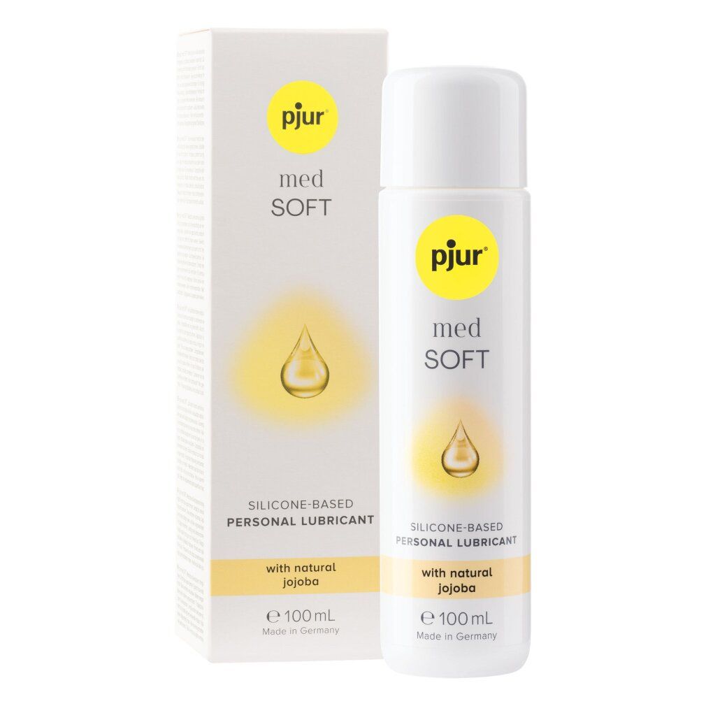 Flacon et emballage de pjur® med *Soft*. Inscription : Silicone-based Personal Lubricant with natural jojoba. Fabriqué en Allemagne.