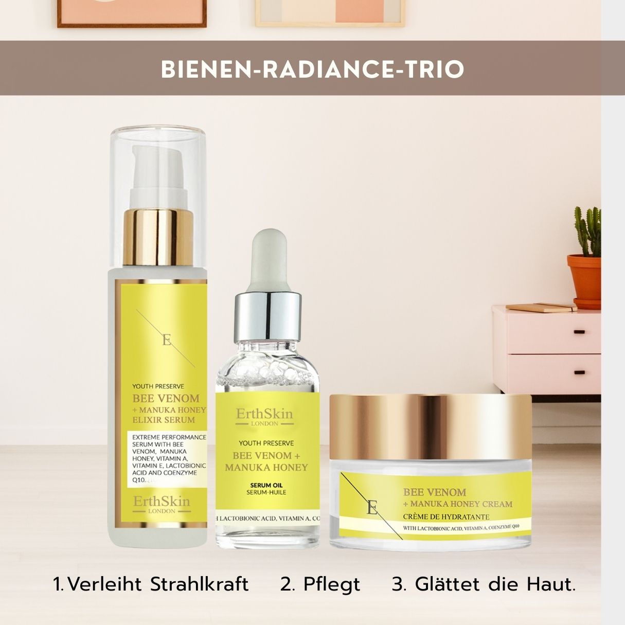 Trio 'Bienen-Radiance' d'ErthSkin London : sérum, huile sérum et crème.