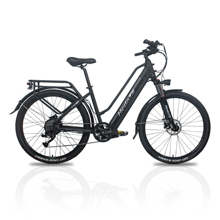 Zwarte e-bike, zijaanzicht. Hedatx TXC10-opschrift op het frame. Bagagedrager en spatborden.