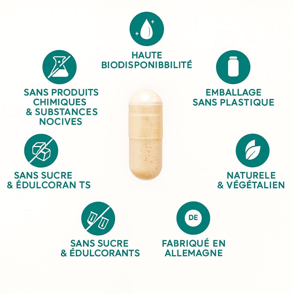 Capsule, entourée d'icônes. Sans produits chimiques, sans sucre, fabriqué en Allemagne, végétalien.