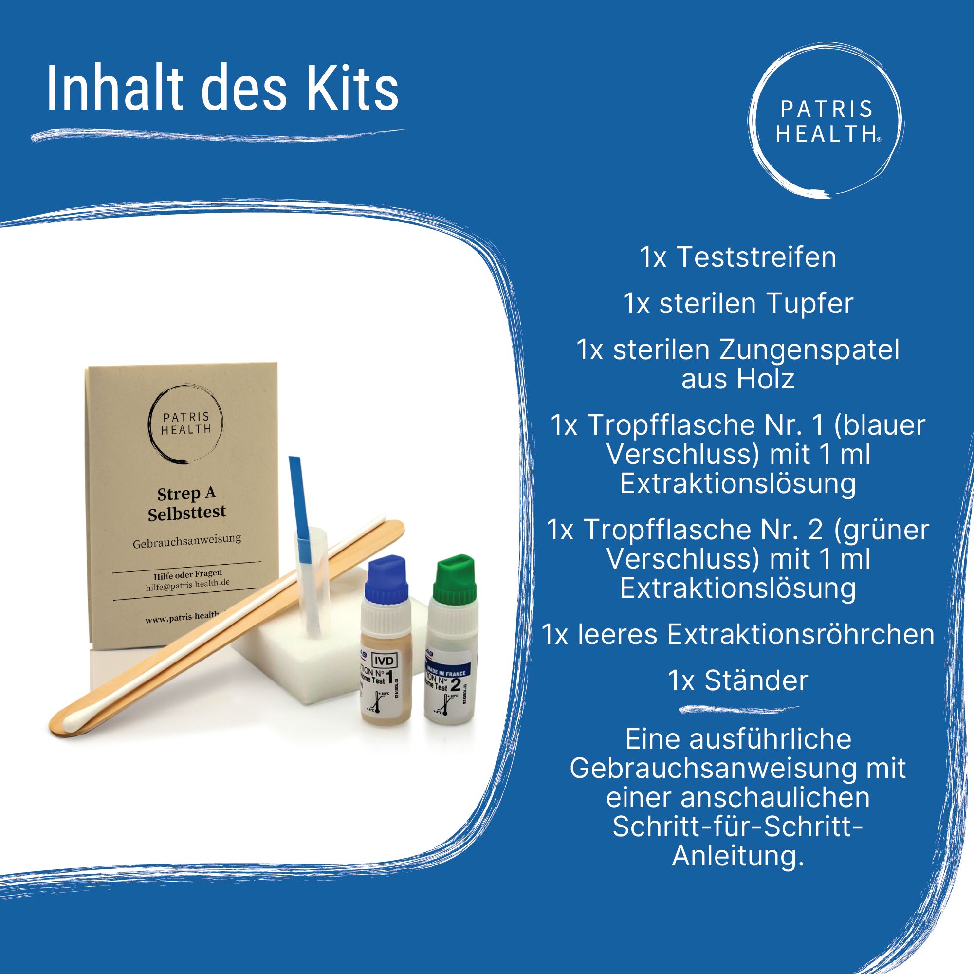 Inhoud van de Patris Health® Strep A-testkit: teststrip, wattenstaafje, spatel, flesjes, standaard, instructies.