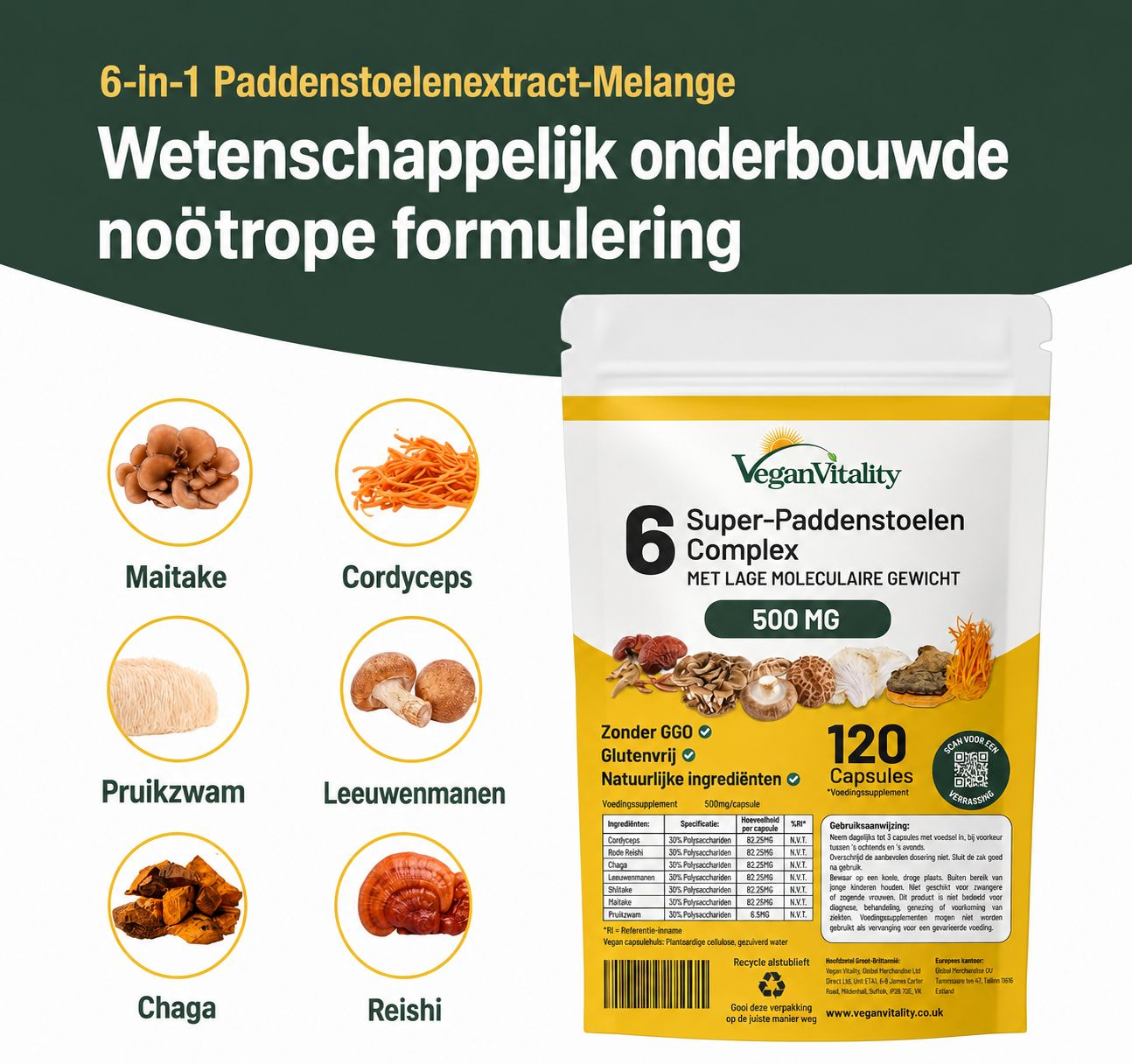 Verpakking met paddenstoelenextracten: Maitake, Cordyceps, Poria cocos, Leeuwenmanen, Chaga, Reishi. 120 capsules, 500 mg.